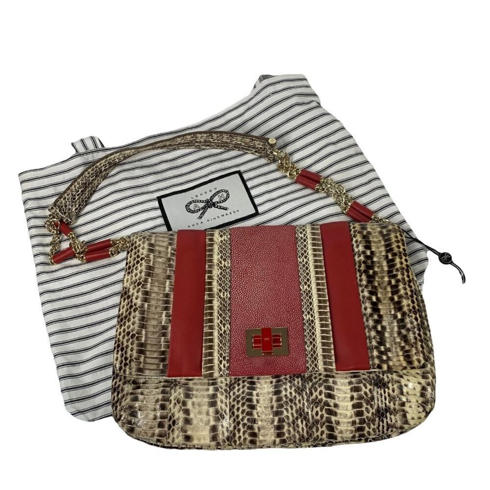 NWT Anya Hindmarch Red Stripy Gracie Python Stingray Leather Shoulder Bag $1450